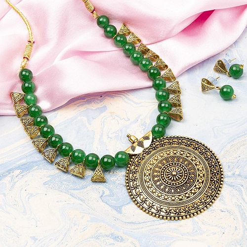 Brass and Beads Contemporary Traditional Necklace set for Women Green