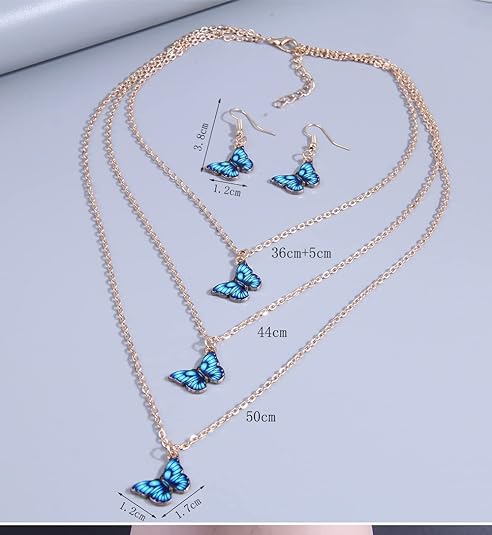 Modern Blue Butterfly Multi Layered Alloy Necklace set for Girls Blue