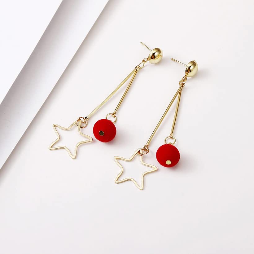 Exclusive Star Tassel and Red Ball Hanging Earring Golden Red For Girl