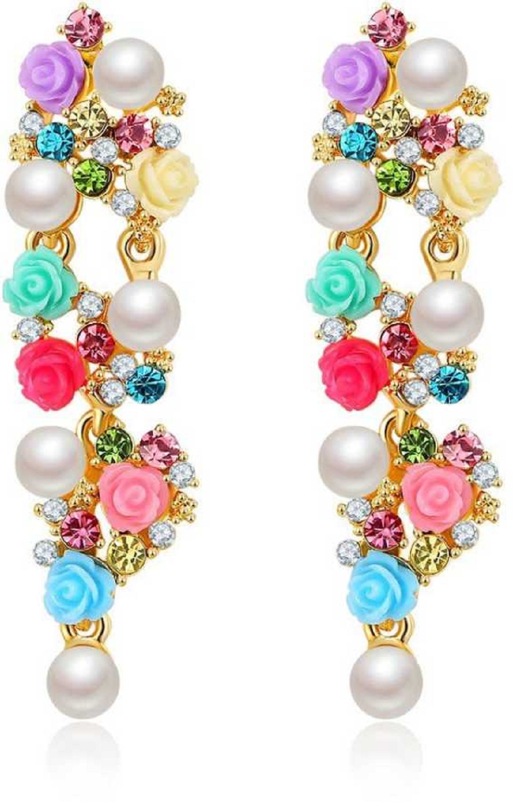 Floral Zircons Pearls Long Earrings for Girls and Women Multi Colour
