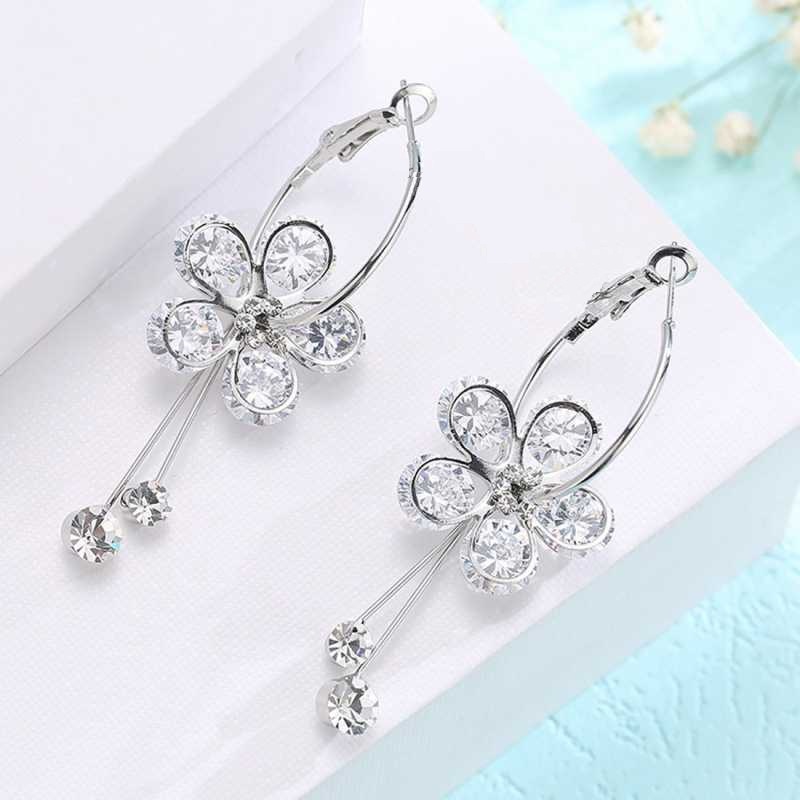 Shining Crystal Korean Sparkling Flower Hoop Earrings for Girls White