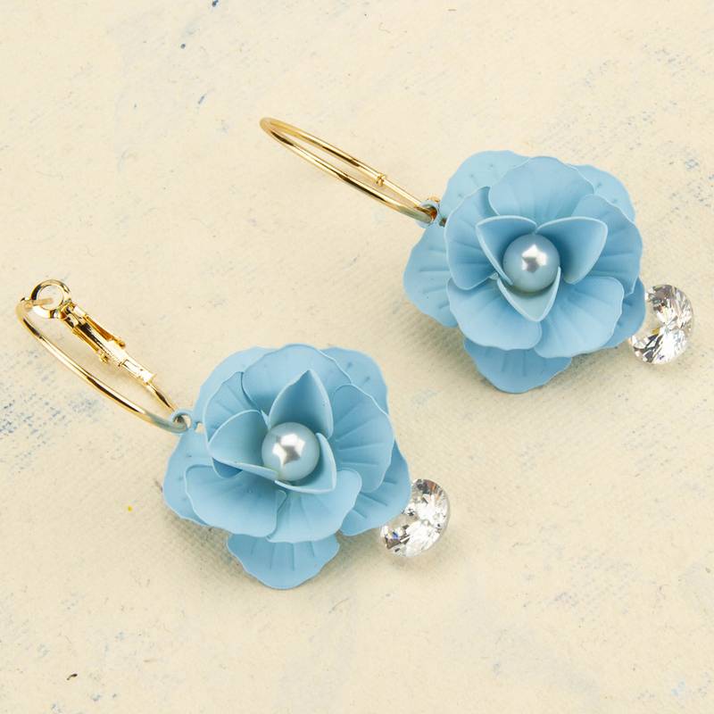 Beautiful Blue Flower Gold Plated Hoop Earrings for Girls and Women