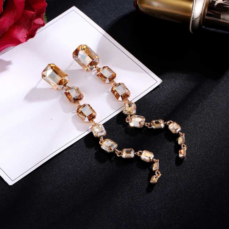 Beautiful Korean Rectangular Crystal Studs Golden Danglers for Girls