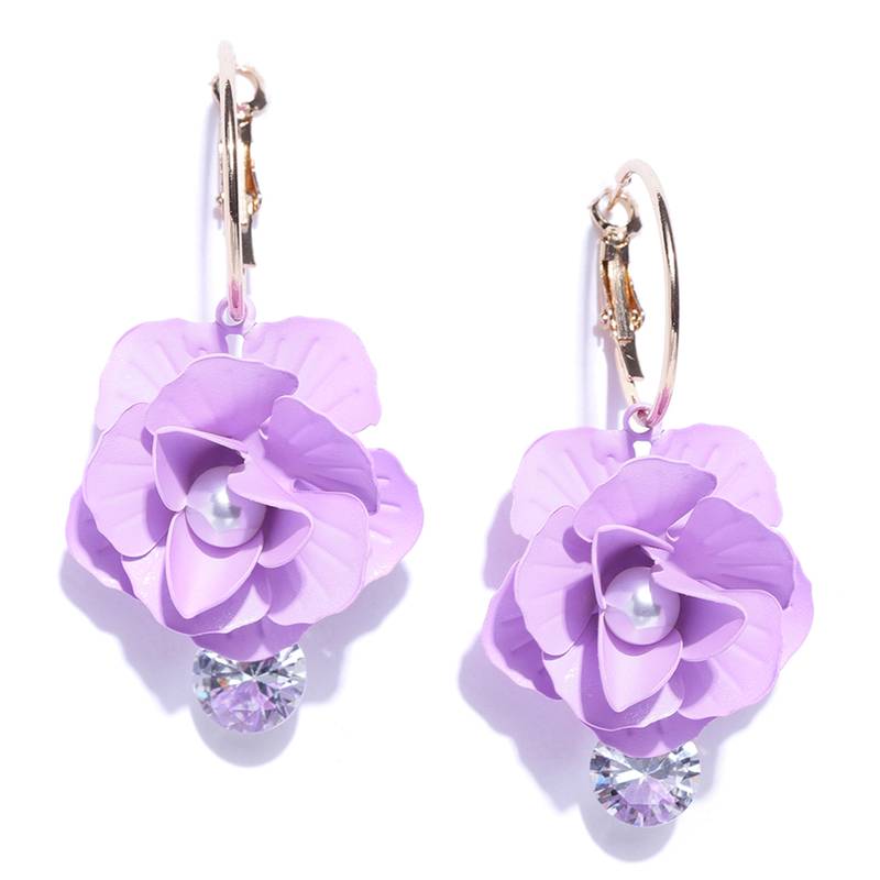 Exclusive Italian Floral Zircons Purple Hoop Earrings for Girls Purple