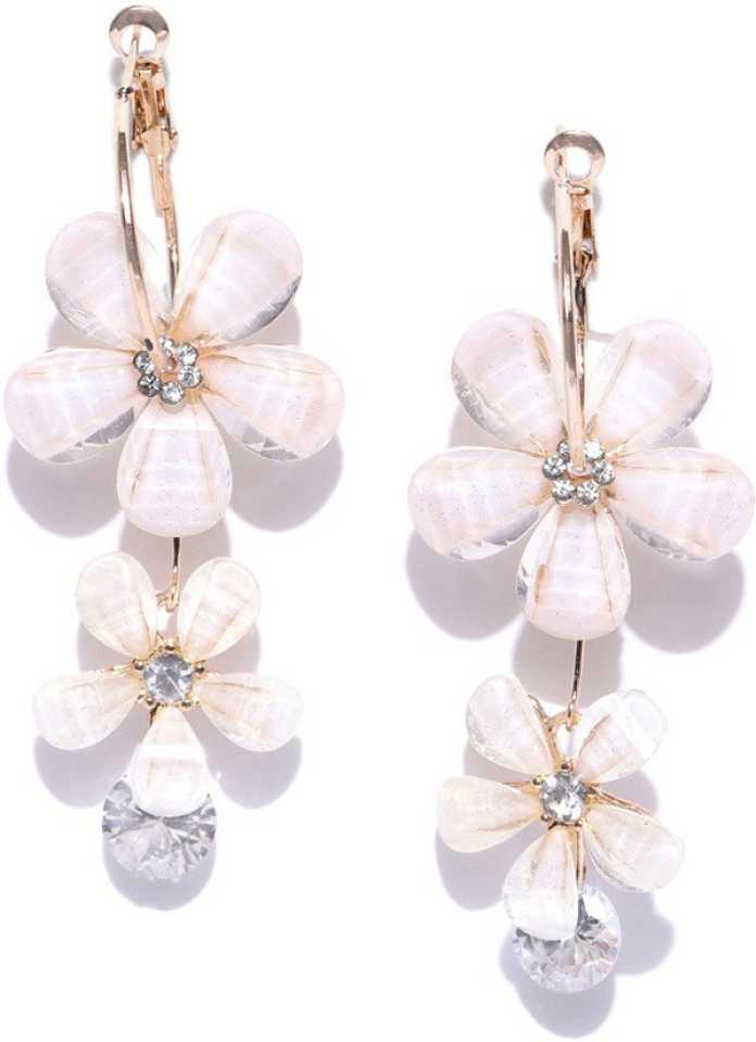 Beautiful Crystal Off White Camellia Flower Hoops Danglers for Girls