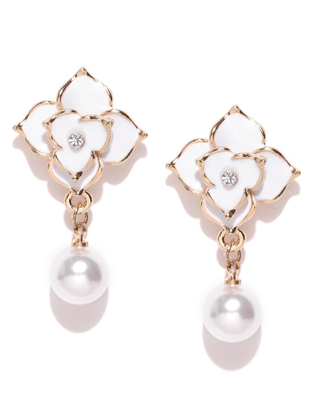 Scintillating Korean Floral Earring with Pearl Hanging for Girls White