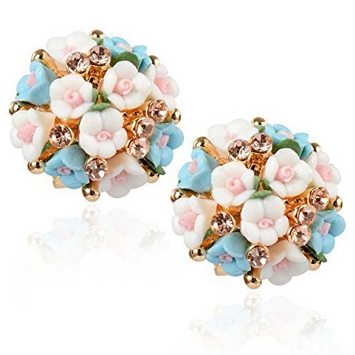 Cubic Zirconia Ceramic Floral Alloy Korean Earrings for Girls