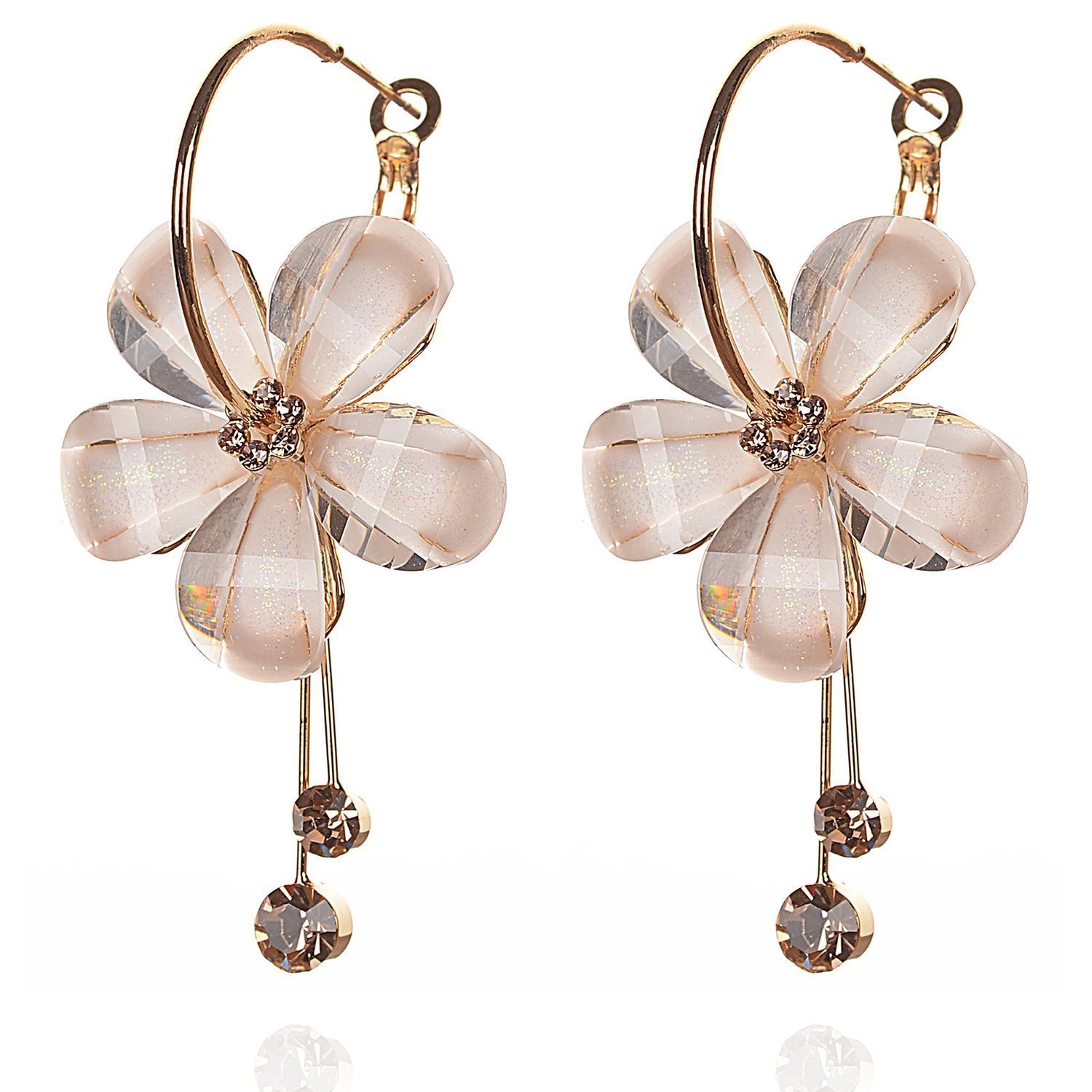 Gold Plated Crystal Camellia Flower Diamond Tassel Hoop Earrings