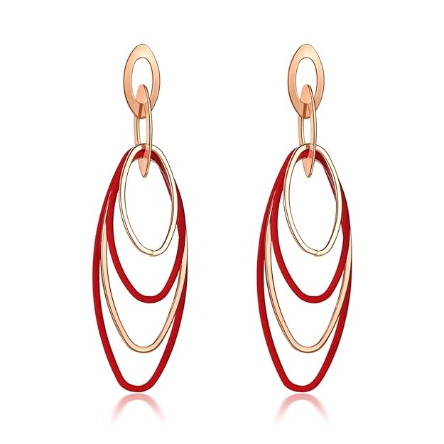 Shiny Korean Gold and Red Oval Hoops Hanging Earrings Red Golden