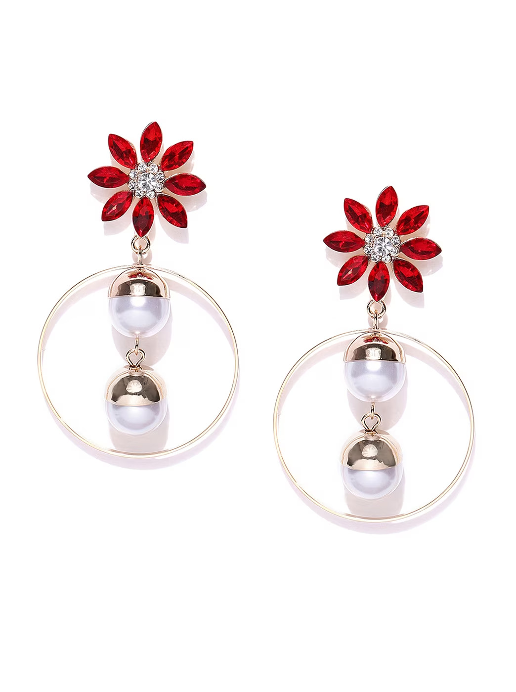 Beautiful Floral Pattern Hoop Earrings with White Pearl Hangings Red