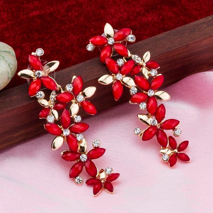 Beautiful Italian Long Red Golden Crystal Stone Zircons Flower Earring