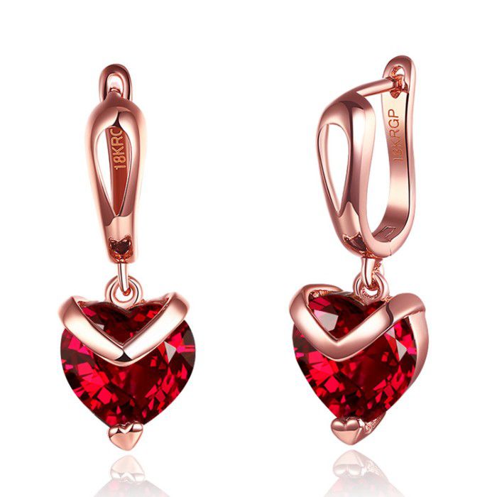 Copper Crystal Red Heart Shaped Ruby Stud Korean Drop Earring For Girl