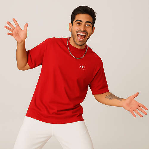 Red off shoulder cotton oversized t shirt men love for gym & casual