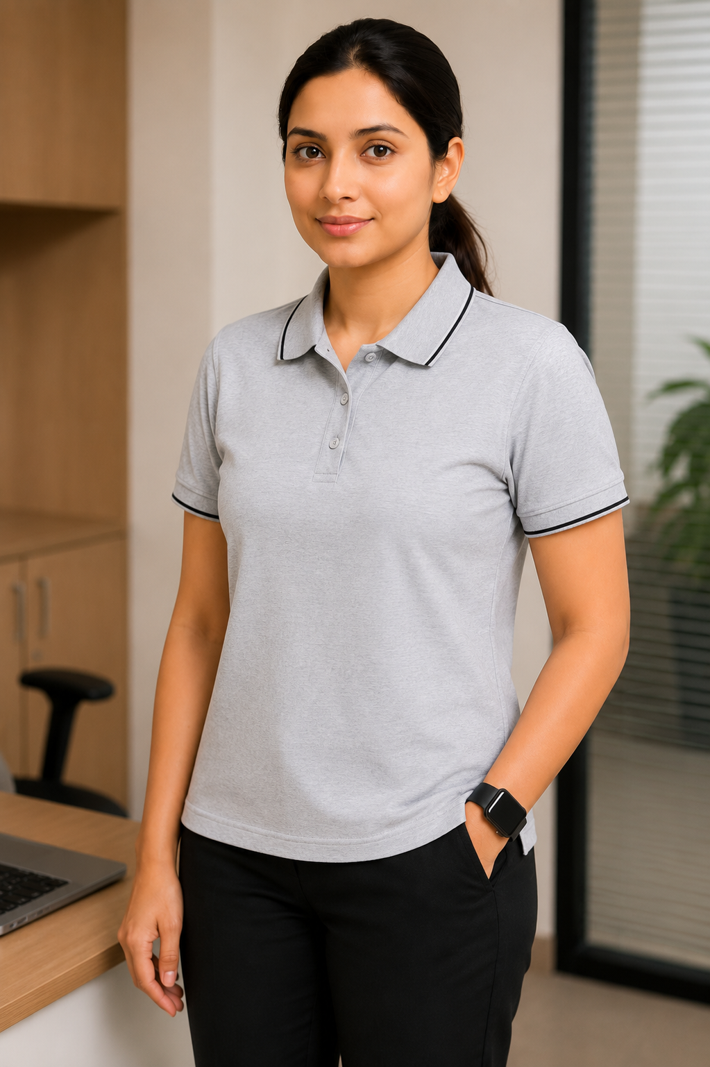 Grey formal polo t shirt for women with collar perfect for office wear