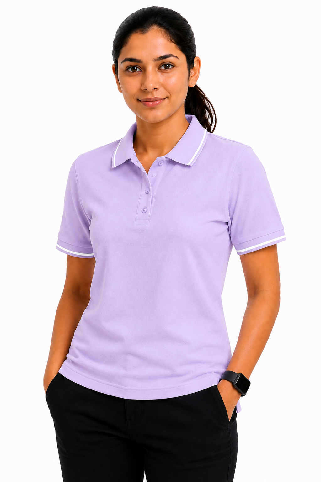 Lavender formal t shirt for women with collar perfect for office wear