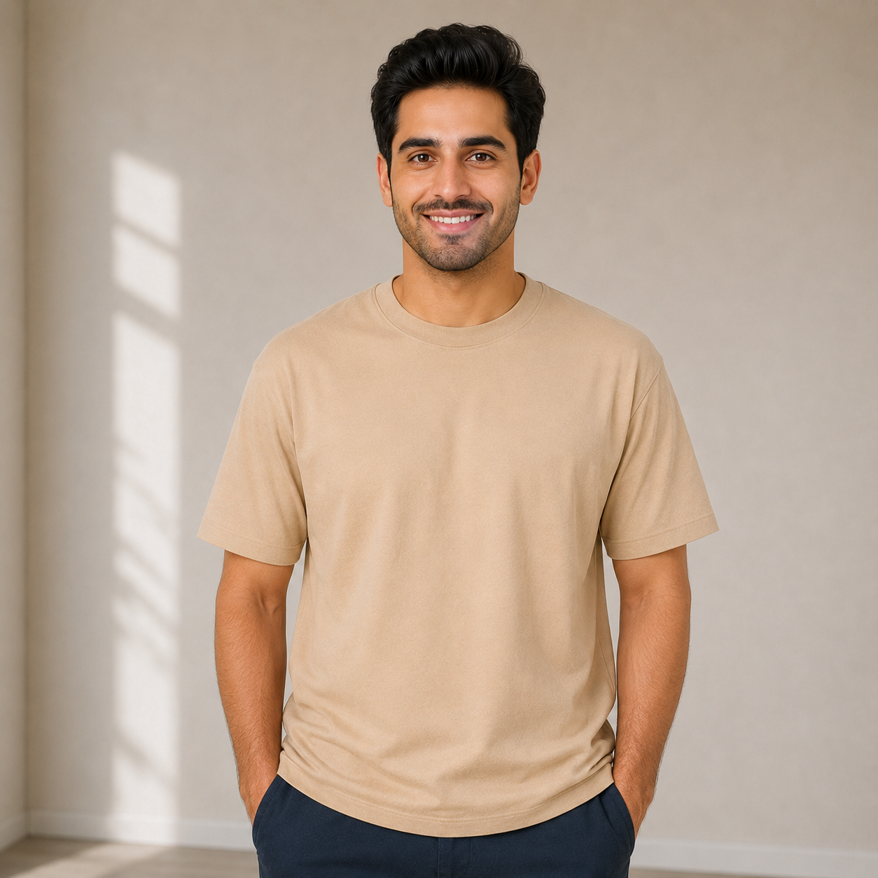 Plain Oversized T Shirt for Men Baggy Cotton Gym Tee Loose Fit - BEIGE