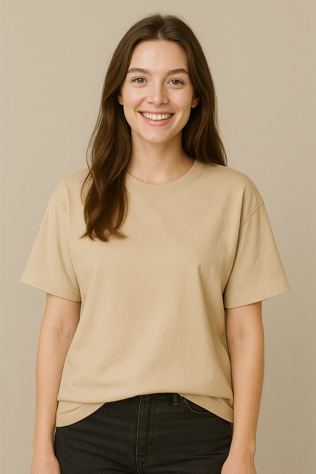 Beige Oversized Tees for Women | Loose Fit Plain Cotton T Shirt