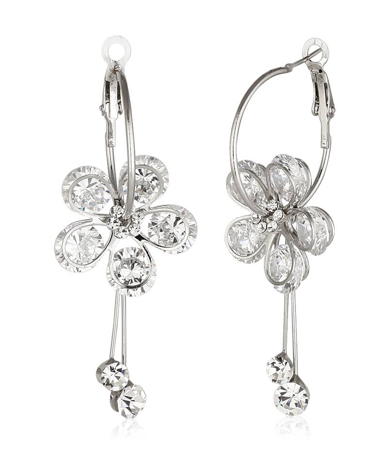 Shining Crystal Korean Sparkling Flower Hoop Earrings for Girls White