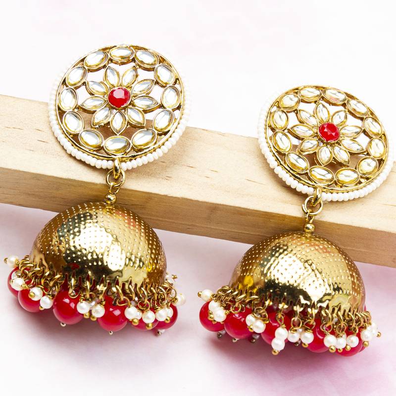 Traditional Dome Shaped Kundan Stud Red Pearls Golden Brass Jhumka