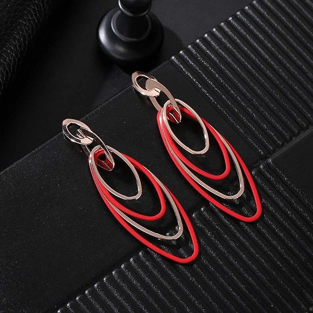 Shiny Korean Gold and Red Oval Hoops Hanging Earrings Red Golden