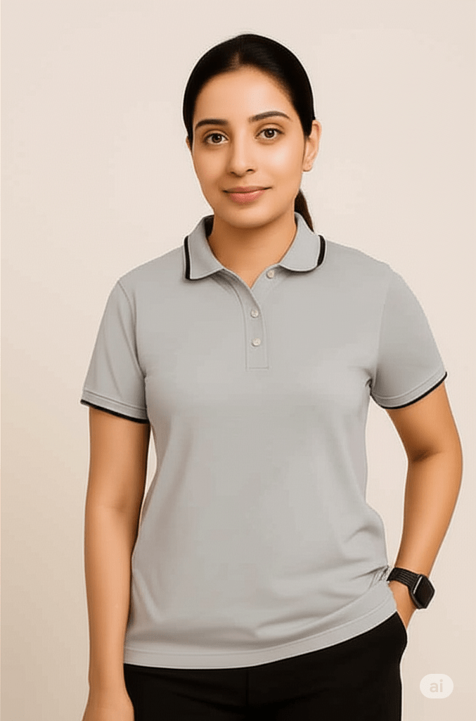 Grey formal polo t shirt for women with collar perfect for office wear