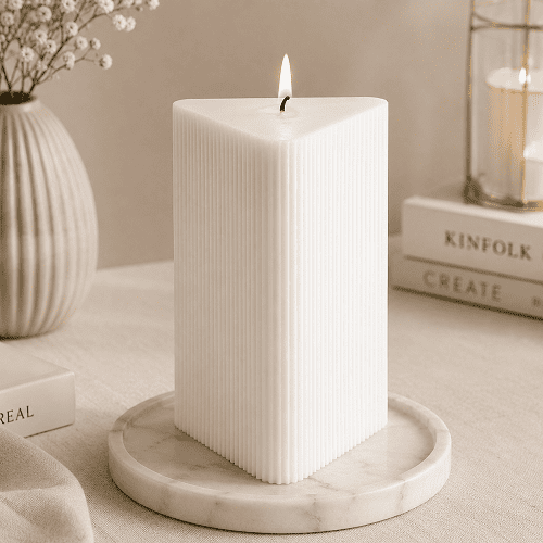 Large Triangle Ribbed Scented Pillar Candle white