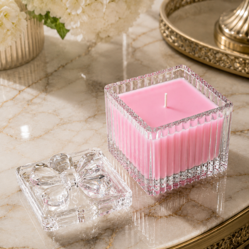 Square Glass Jar Scented Candle with Crystal Lid BABY PINK