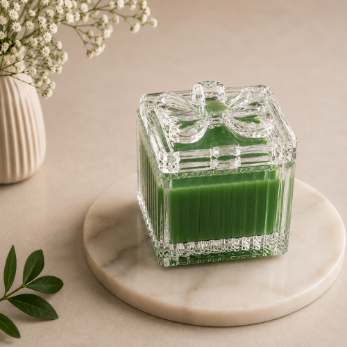 Square Glass Jar Scented Candle with Crystal Lid GREEN