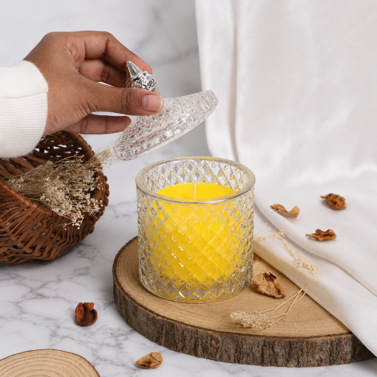 Premium Round Glass Jar Scented Candle - YELLOW