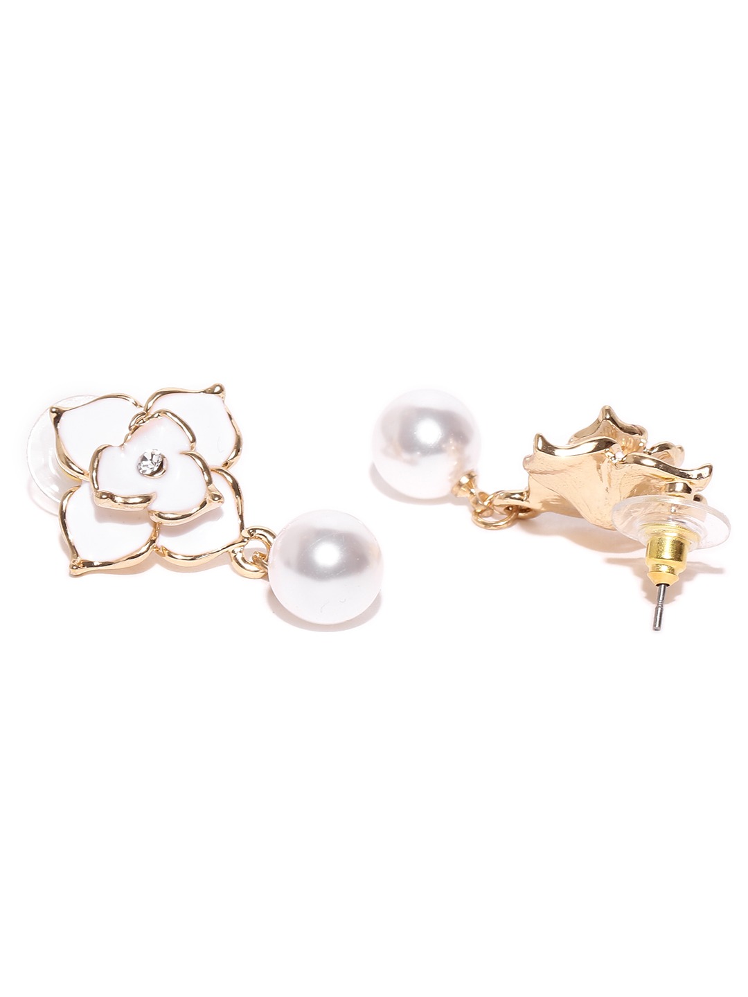 Scintillating Korean Floral Earring with Pearl Hanging for Girls White