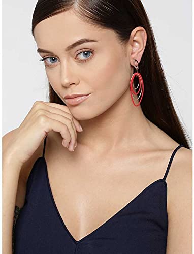 Shiny Korean Gold and Red Oval Hoops Hanging Earrings Red Golden