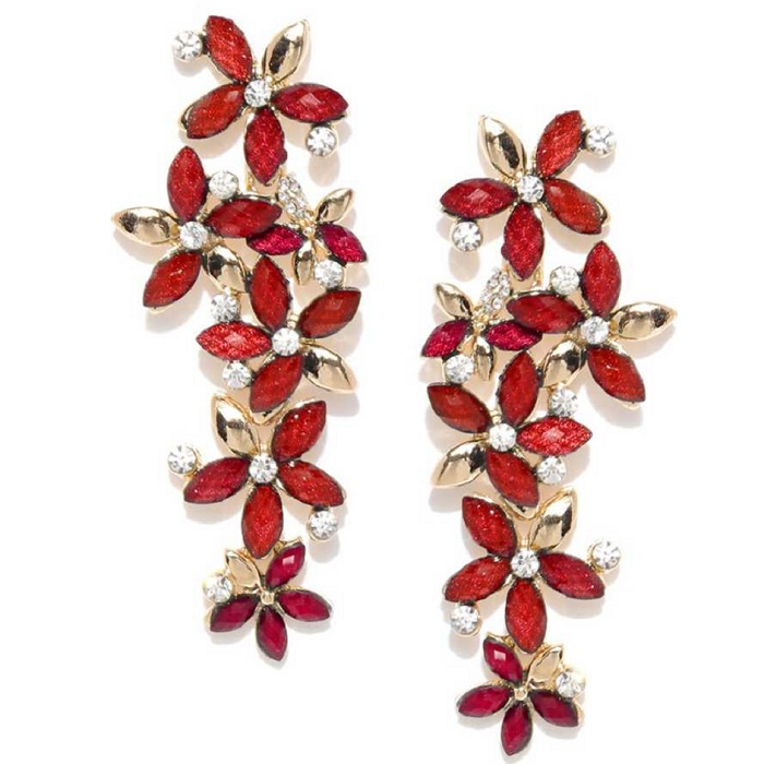 Beautiful Italian Long Red Golden Crystal Stone Zircons Flower Earring