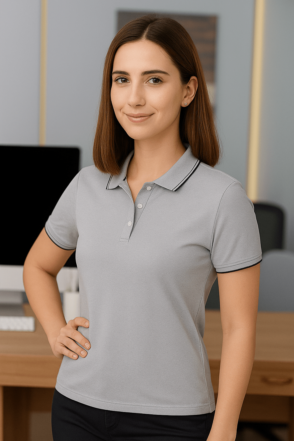 Grey formal polo t shirt for women with collar perfect for office wear