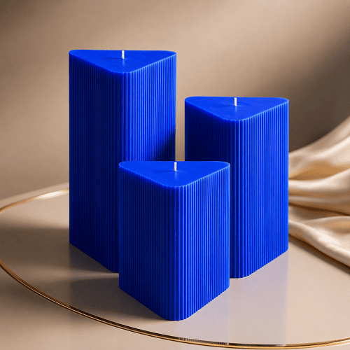 Large Triangle Ribbed Scented Pillar Candle blue