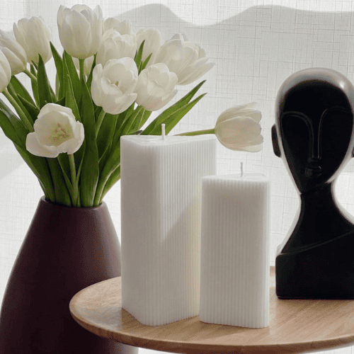 Large Triangle Ribbed Scented Pillar Candle white
