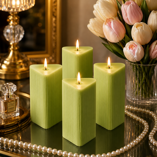 Large Triangle Ribbed Scented Pillar Candle green
