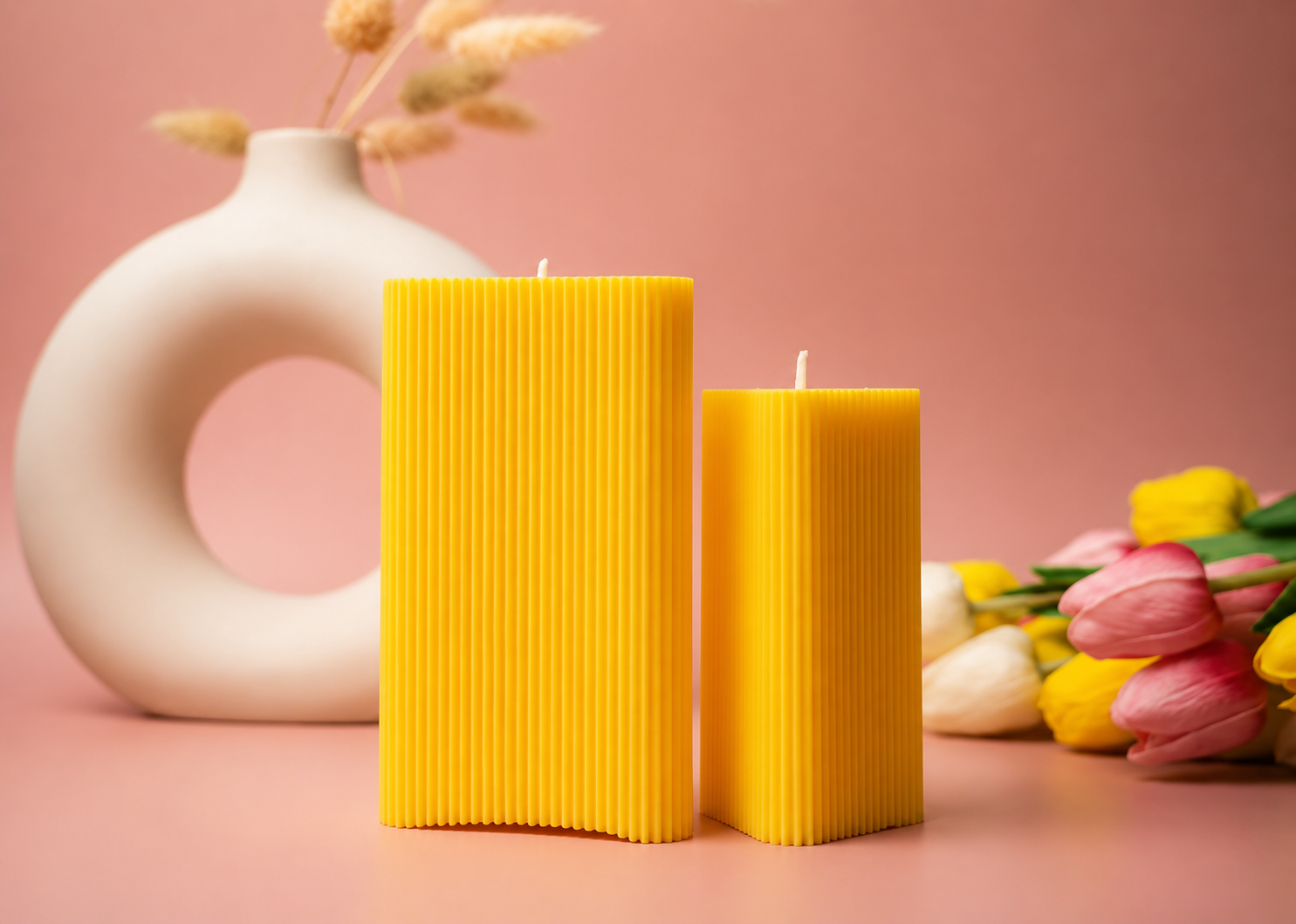 Large Triangle Ribbed Scented Pillar Candle yellow