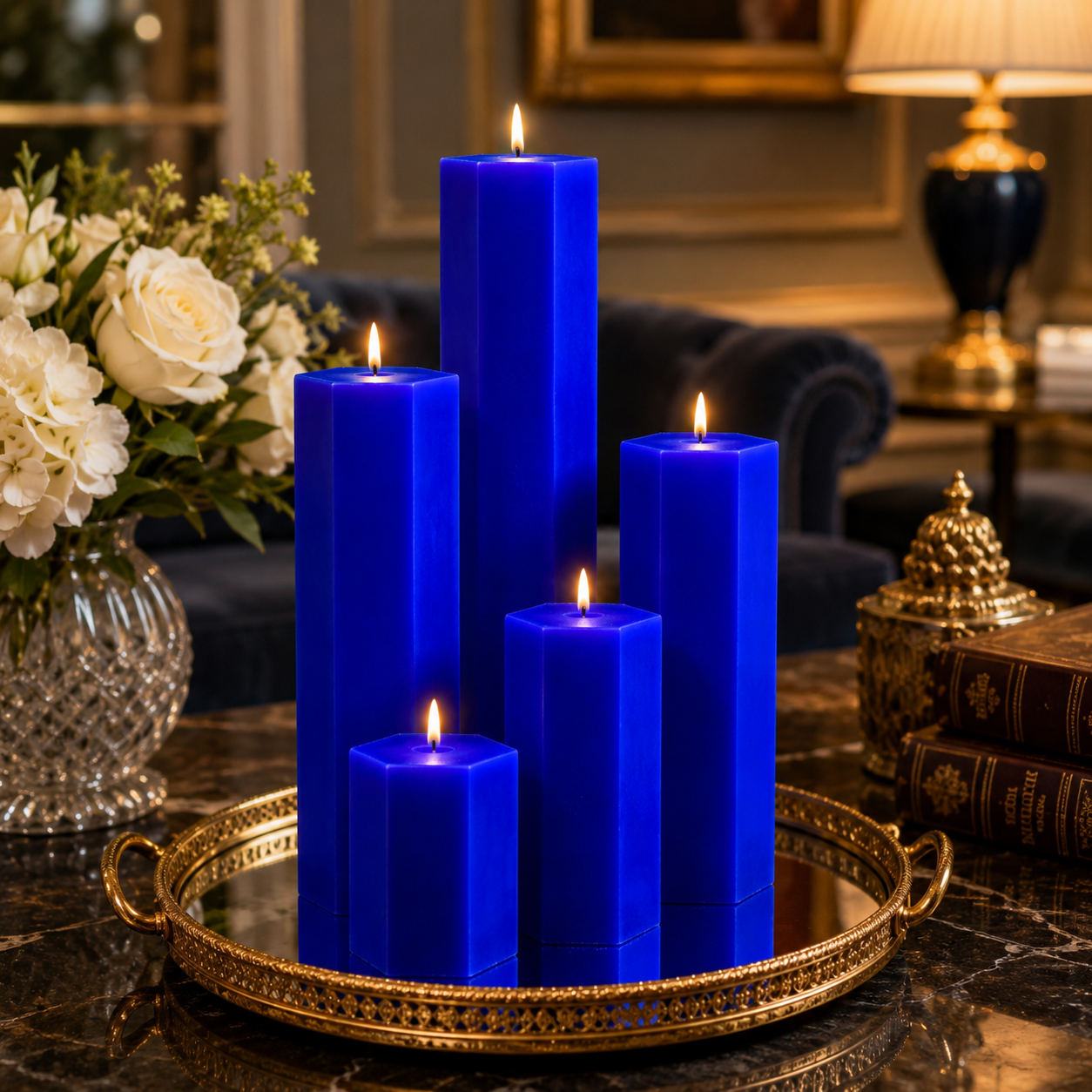 Large Hexagonal Scented Pillar Candle Royal Blue