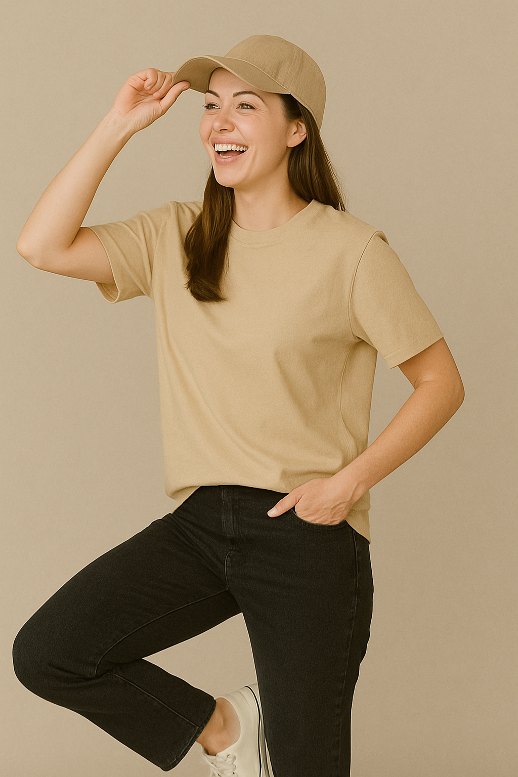 Beige Oversized Tees for Women | Loose Fit Plain Cotton T Shirt