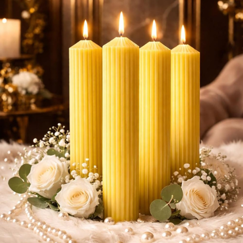 Premium Ribbed Tall Pillar Candle for Home Décor YELLOW