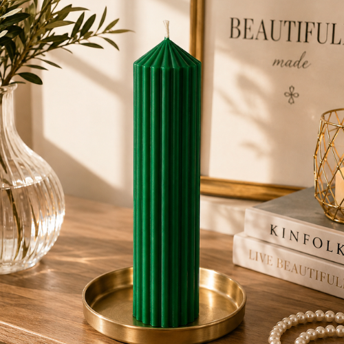 Premium Ribbed Tall Pillar Candle for Home Décor GREEN