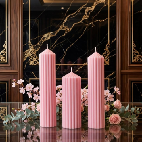 Premium Ribbed Tall Pillar Candle for Home Décor PINK