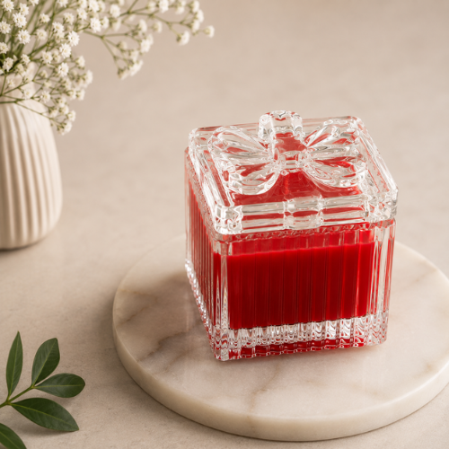 Square Glass Jar Scented Candle with Crystal Lid RED