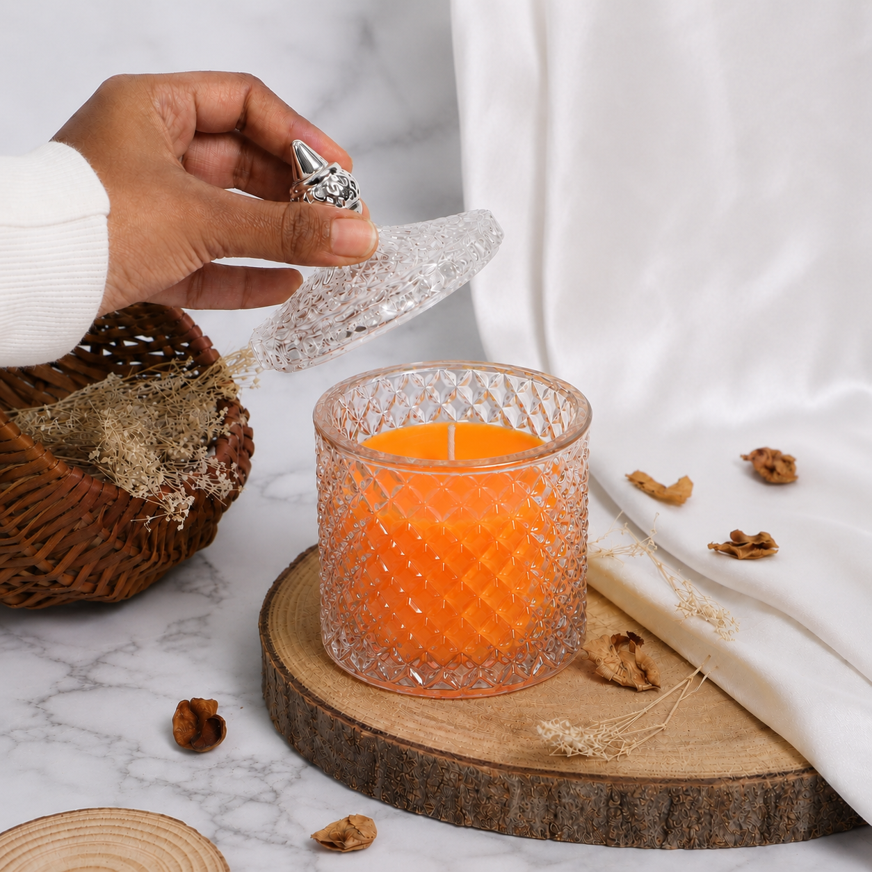 Premium Round Glass Jar Scented Candle - ORANGE