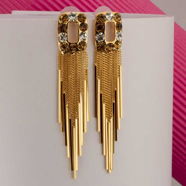 Glamorous Korean Zircons Stud Gold Chain Tassel Earrings for Girls