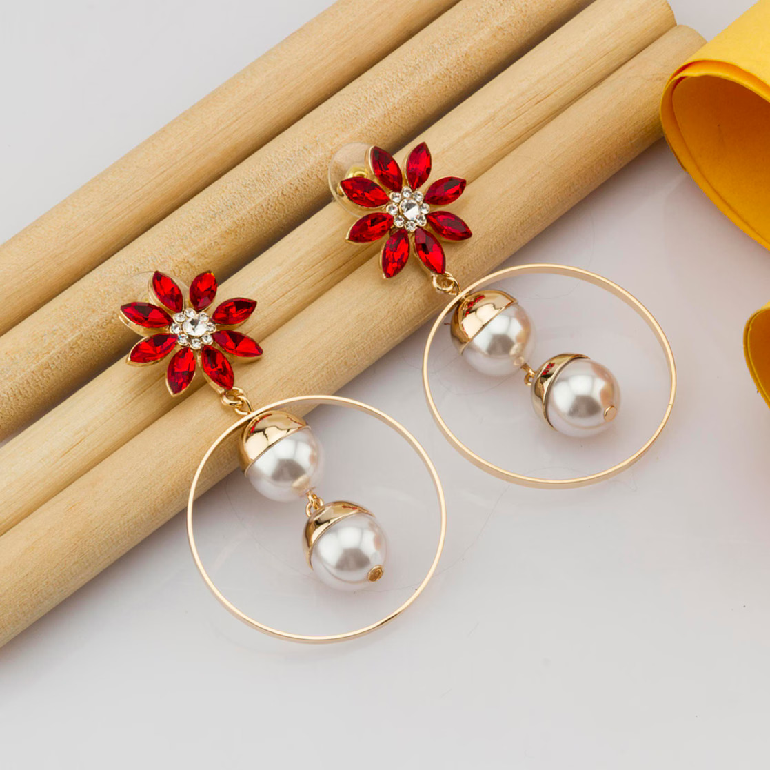 Beautiful Floral Pattern Hoop Earrings with White Pearl Hangings Red