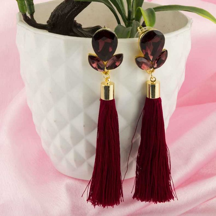 Beautiful Italian Long Brass silk Thread Tassel Flowers Earrings