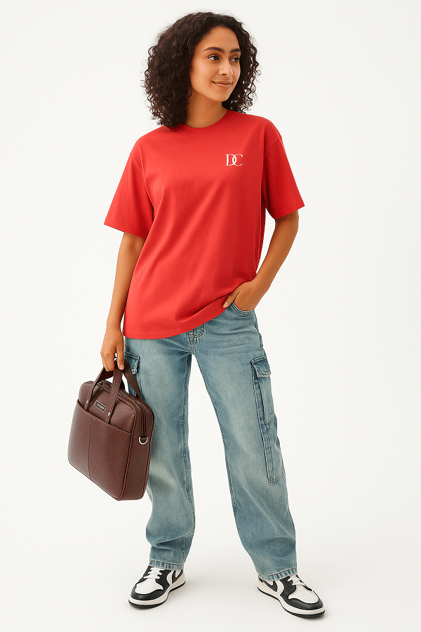 Red Oversized Tees for Women | Loose Baggy Cotton Gym T Shirt