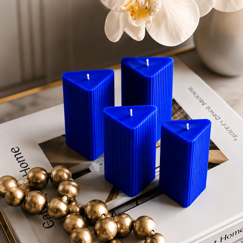 Large Triangle Ribbed Scented Pillar Candle blue