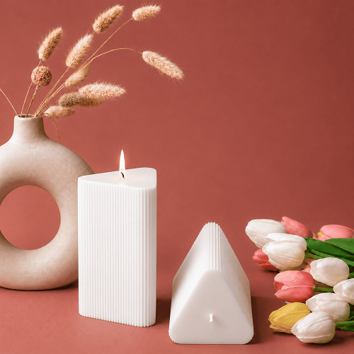 Large Triangle Ribbed Scented Pillar Candle white